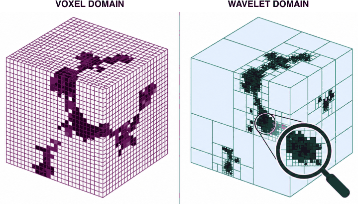 Schematic contrast of two representations of the same cosmic web: a uniform voxel grid in
              which the filaments occupy a few scattered cells, beside a wavelet-domain cube in which the
              structure is carried by a compact set of coefficients